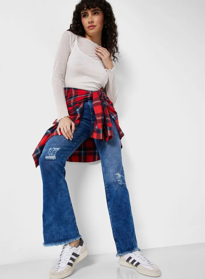 High Waist Ripped Slim Fit Flared Jeans