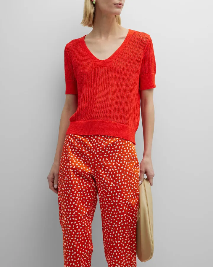 V-Neck Short-Sleeve Mesh Knit Sweater