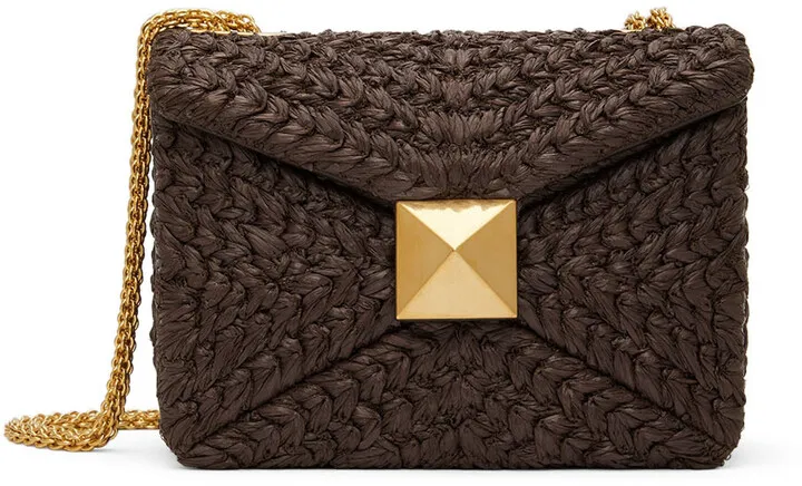 Valentino Garavani Brown One Stud Raffia Shoulder Bag