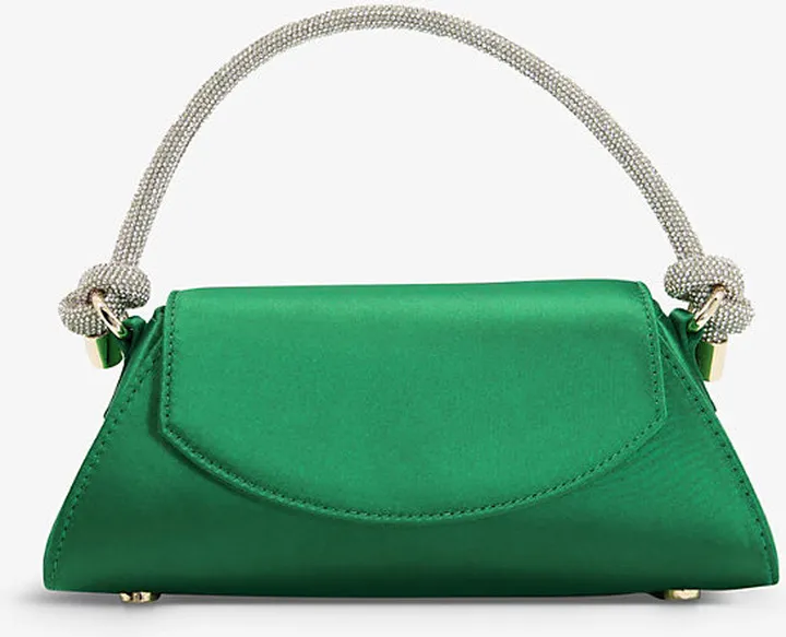 Womens Green-satin Brynley Diamante-knot Faux Satin Handbag