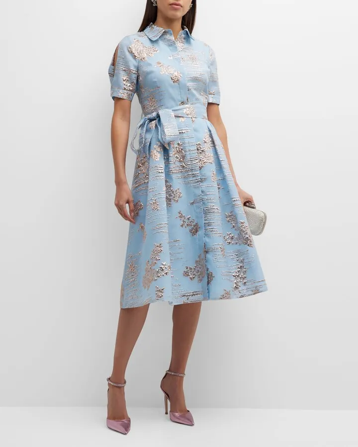 Metallic Jacquard Short-Sleeve Midi Shirtdress