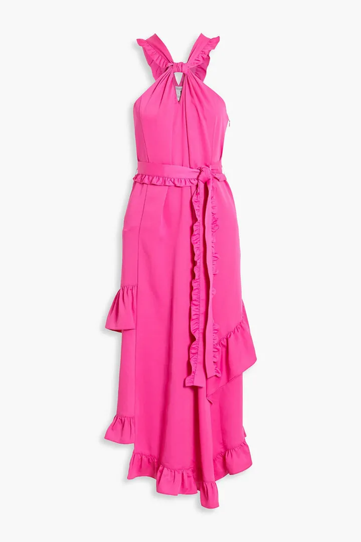 Asymmetric ruffled crepe midi dress