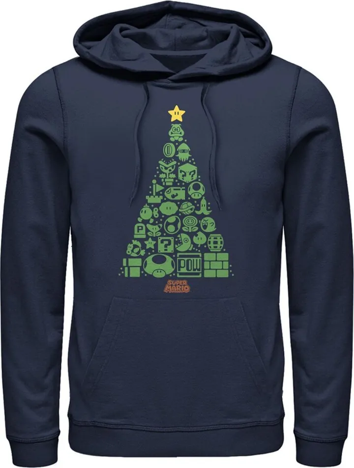 Men's Nintendo Christmas Tree Mosaic Pull Over Hoodie - Navy Blue - Large