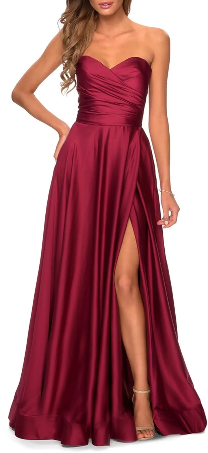 Strapless Slit Satin Ballgown
