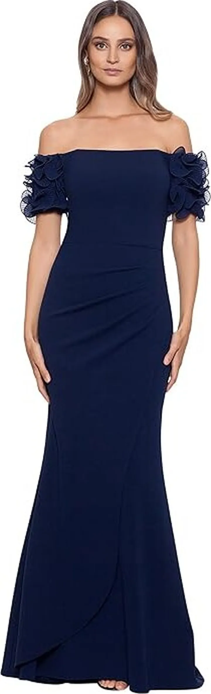 XSCAPE Long Scuba Crepe Off-the-Shoulder Wire Flower (Navy) Women's Clothing