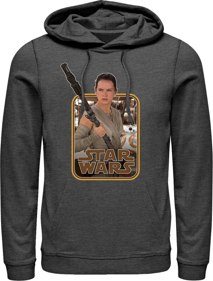 Men's Star Wars The Force Awakens Retro Rey and BB-8 Pull Over Hoodie - Charcoal Heather - X Large