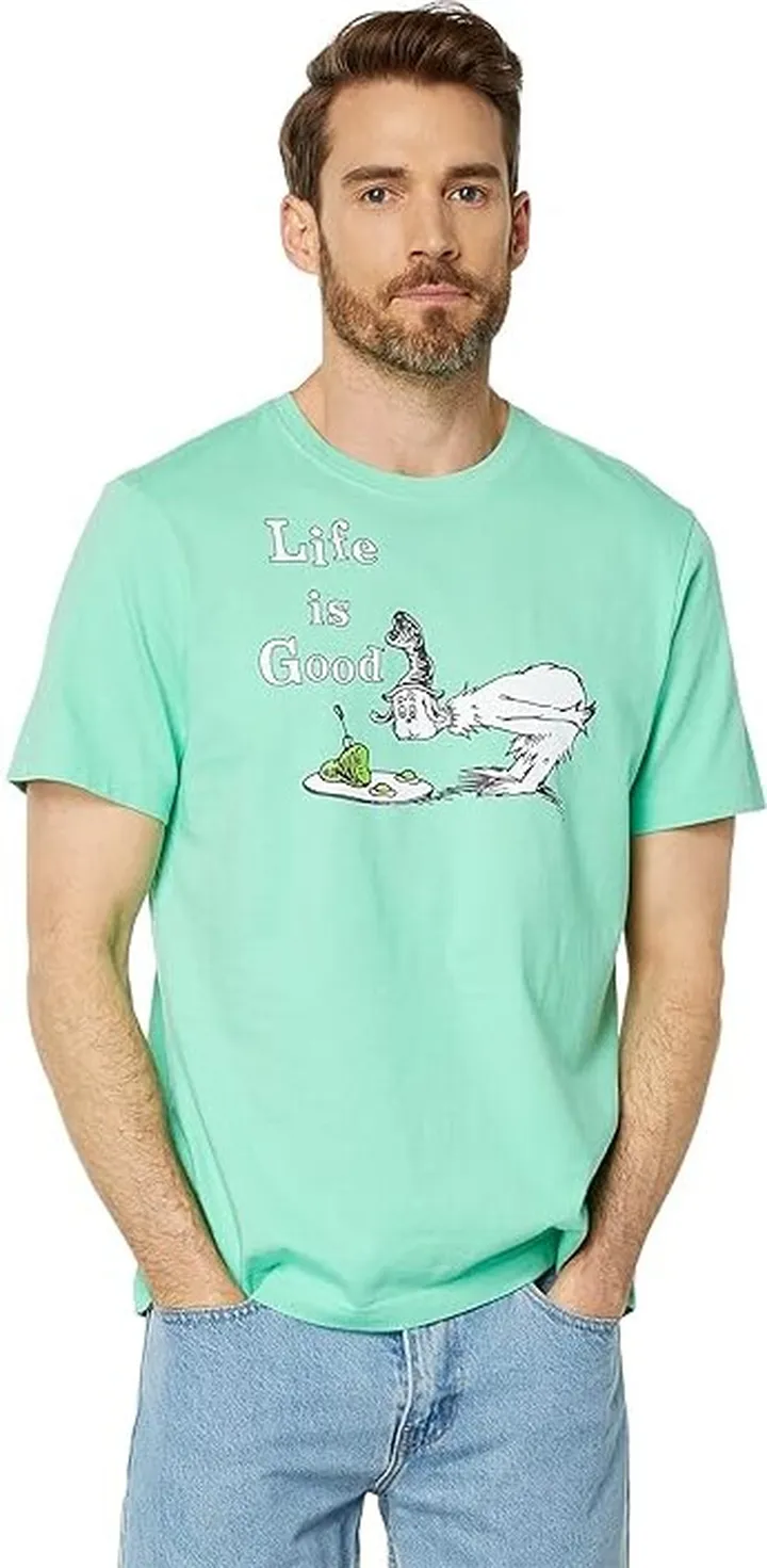 Life is Good Green Eggs Book Cover Short Sleeve Crusher Tee (Spearmint Green) Men's Clothing