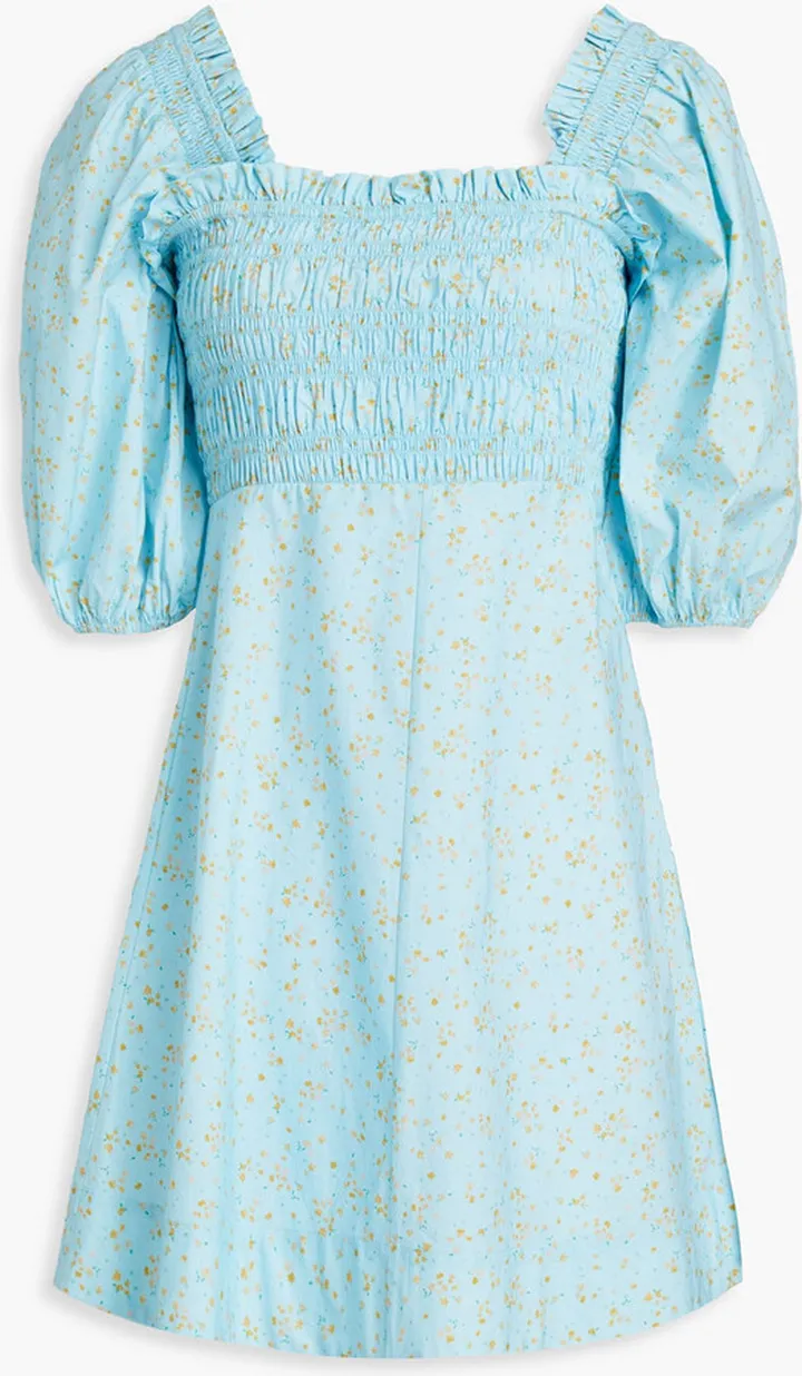 Shirred floral-print cotton-poplin mini dress