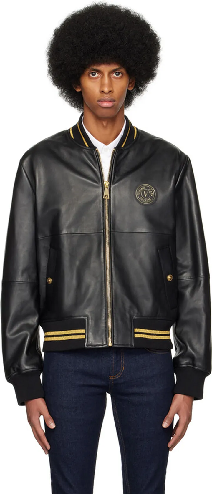 Versace Jeans Couture Black V-Emblem Leather Jacket