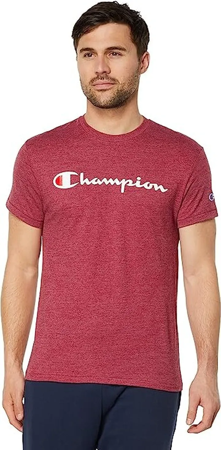 Champion Graphic Powerblend Big Logo Short Sleeve Tee (Cranberry Tart Heather) Men's Clothing
