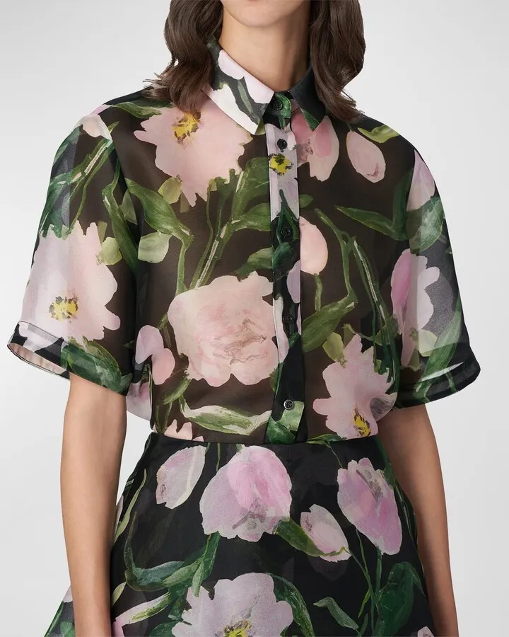 Floral-Print Shirt-Sleeve Silk Collared Shirt