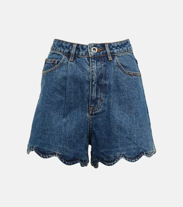 Scalloped high-rise denim shorts