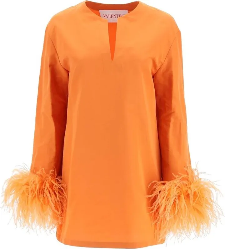 Valentino Feather-Trim Long-Sleeved Mini Dress