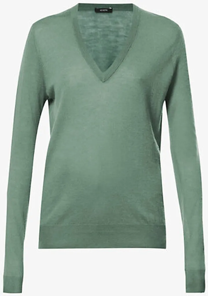 Womens Dark Sage V-neck ong-sleeved Cashmere Knitted top