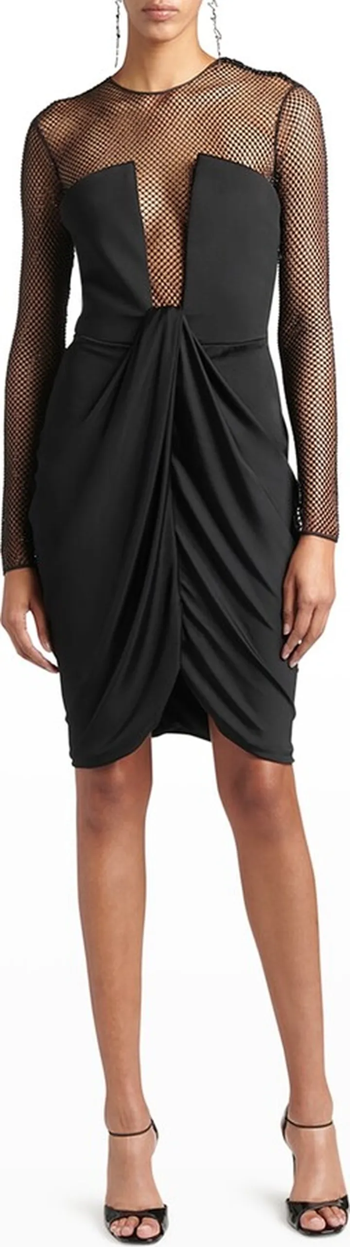 Crystal Embellished Mesh Draped Jersey Illusion Dress