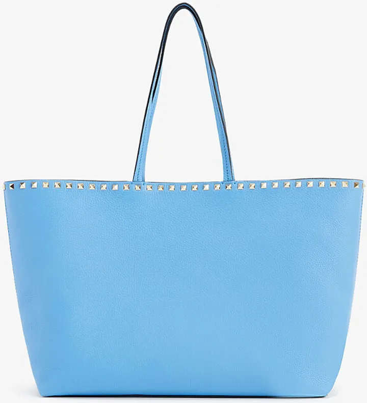Womens Light Denim Rockstud Grained-leather Tote bag