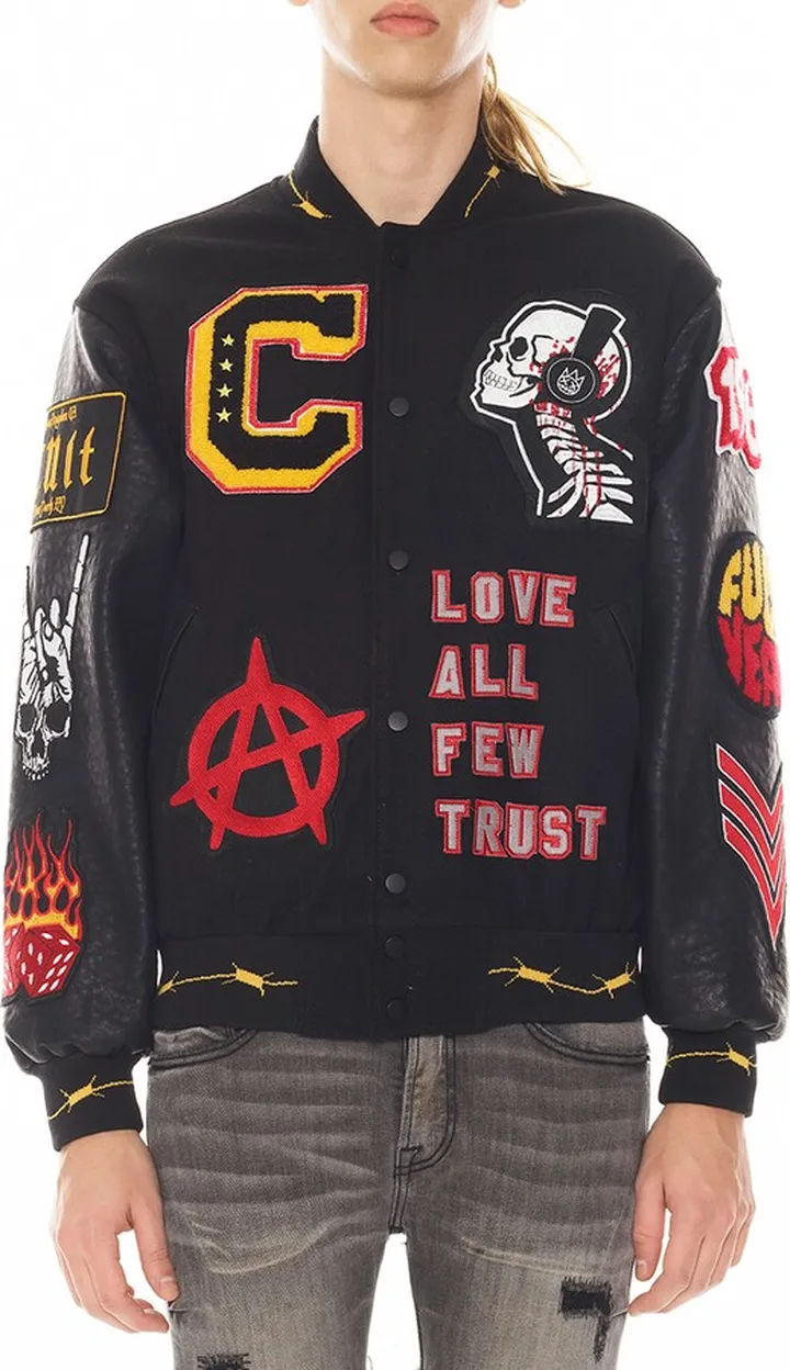 Mixed Media Faux Leather Varsity Jacket