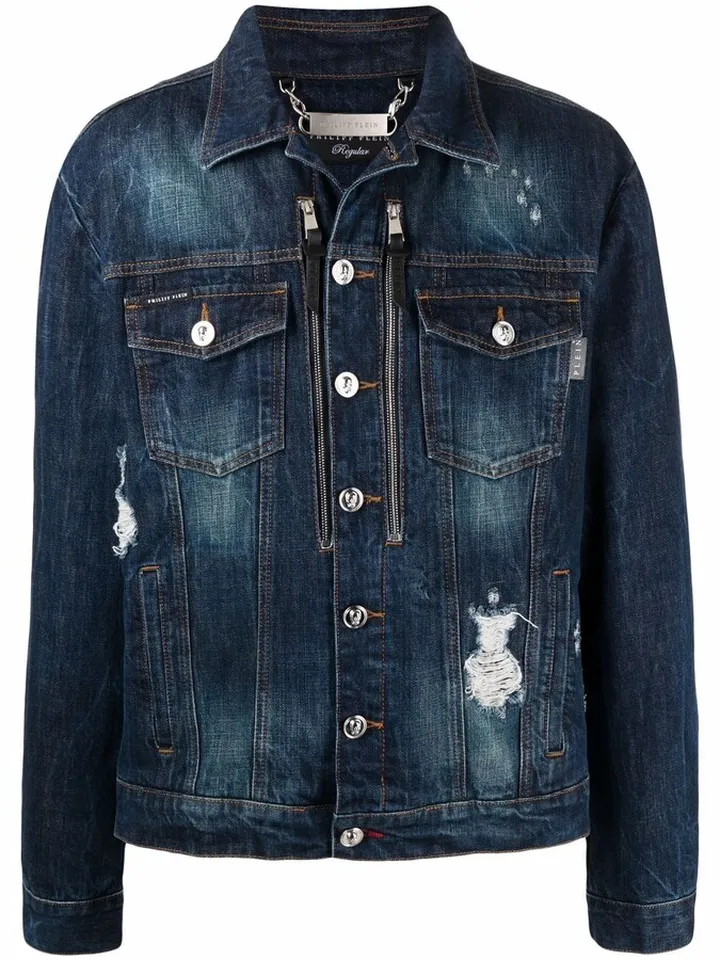 Skull-embroidered denim jacket