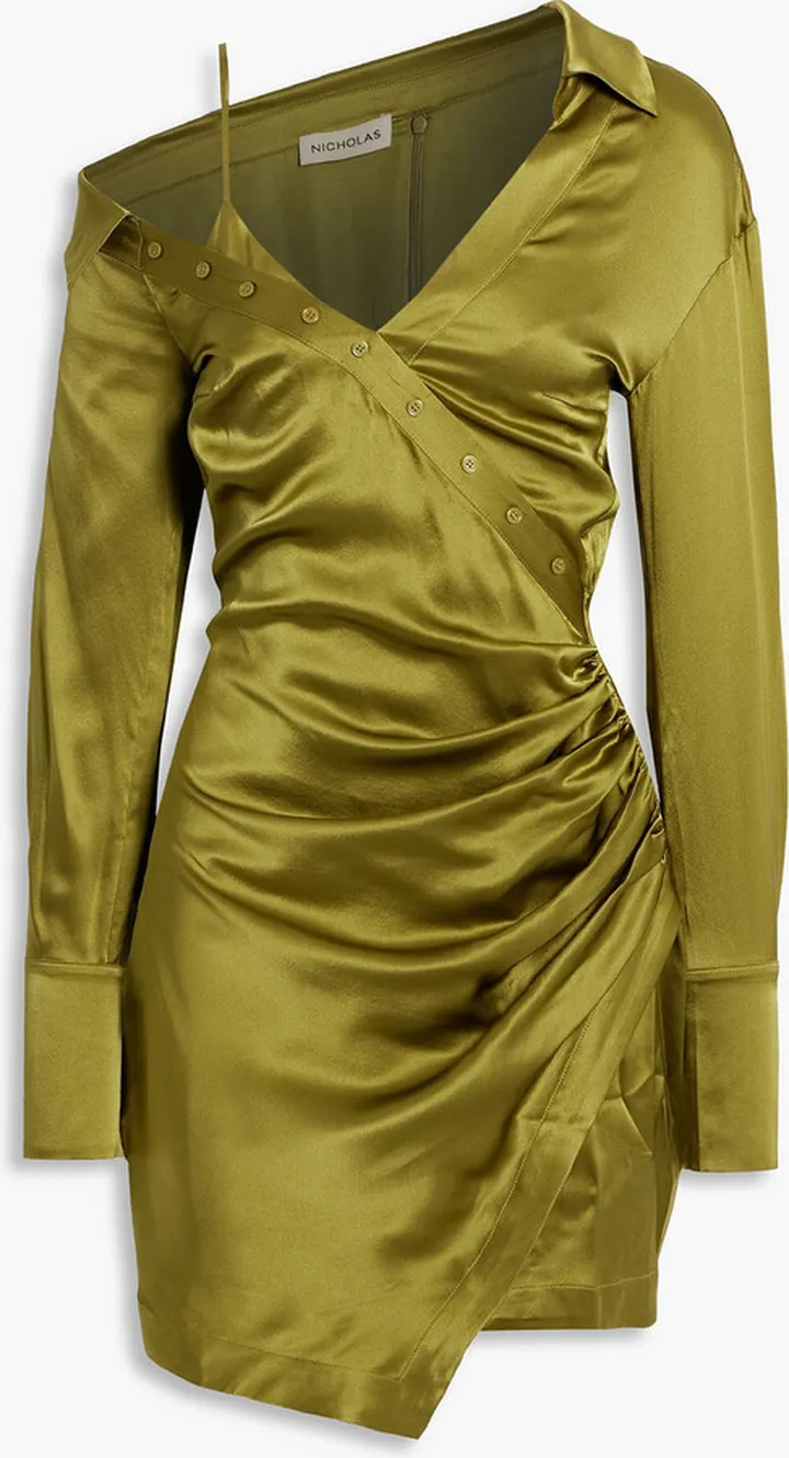Eliana wrap-effect ruched silk-satin mini shirt dress