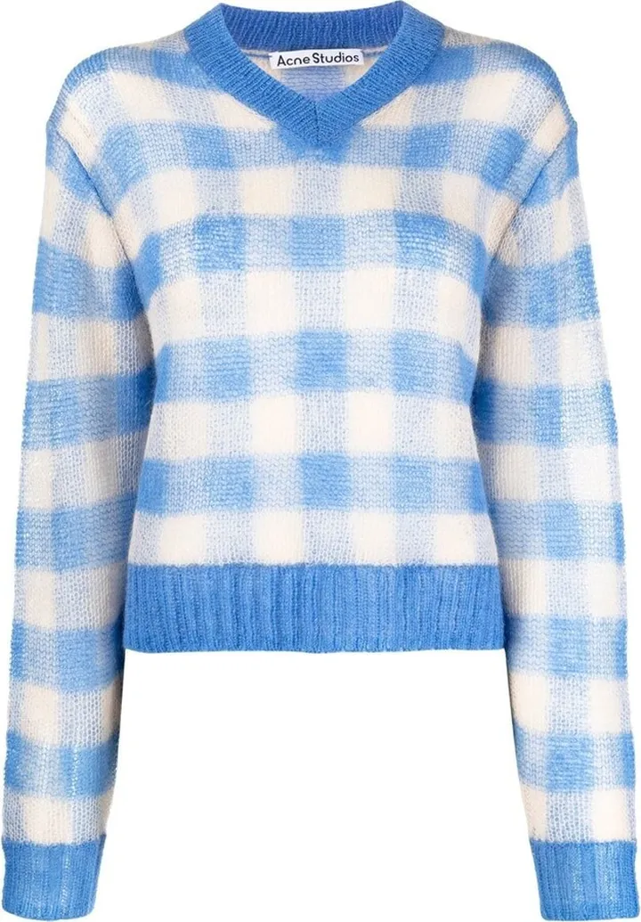 gingham-check V-neck jumper