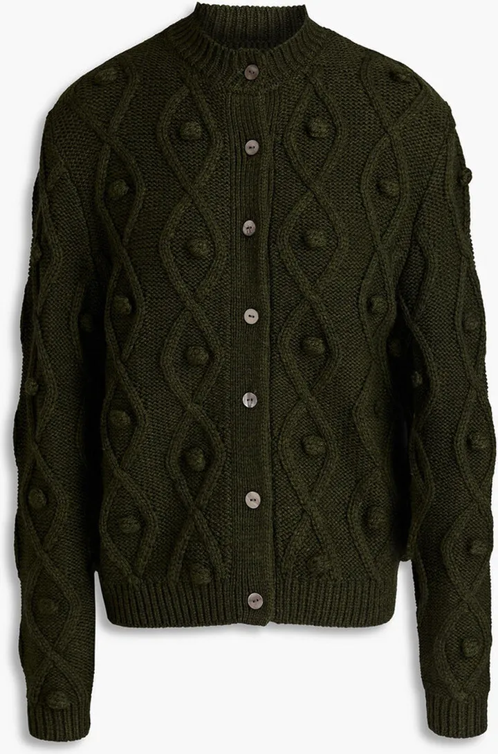 Elmo pompom-embellished cable-knit merino wool-blend cardigan