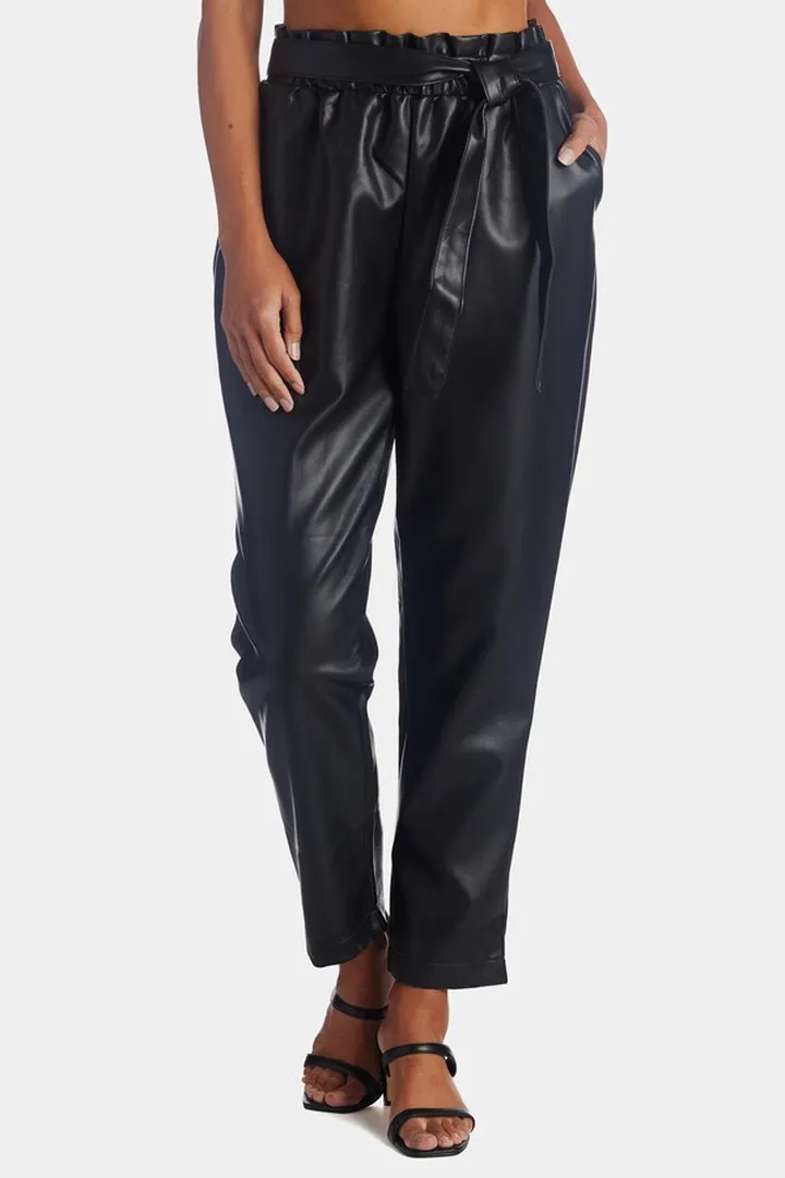 Pleated Belted Faux Leather Pants