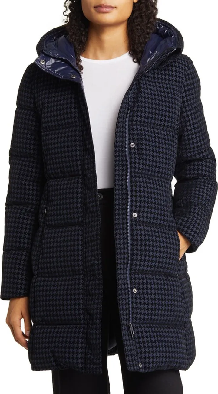 Water Repellent Houndstooth Flocked Puffer Coat