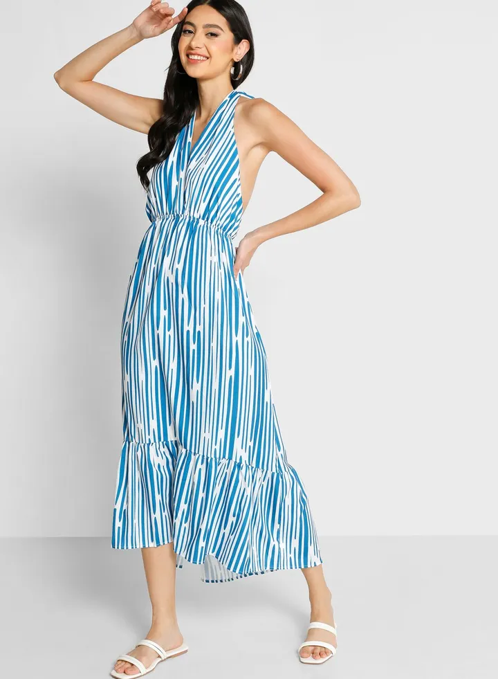 Halter Neck Tie Back Detail Striped Dress