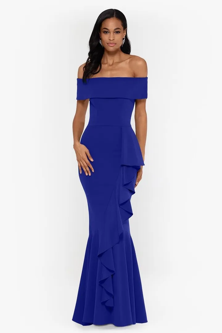 Long Off the Shoulder Scuba Front Ruffle Cascade