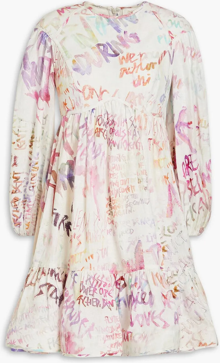 Gathered printed linen mini dress