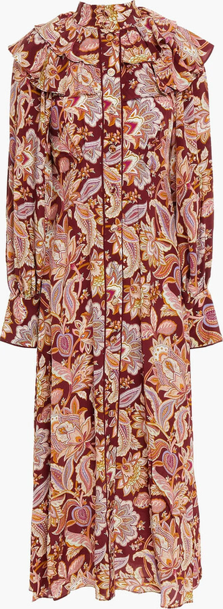 Pussy-bow ruffled printed silk crepe de chine midi dress