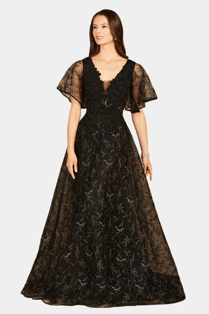 Cape Sleeve Beaded Gown In Black