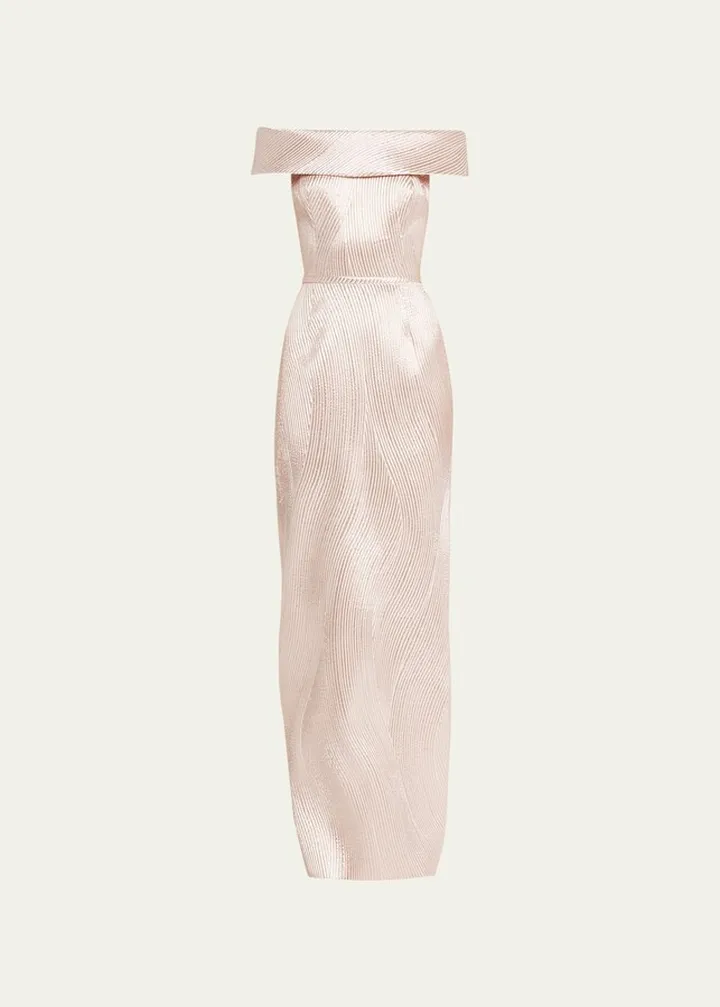 Metallic Ribbed Jacquard Off-Shoulder Gown