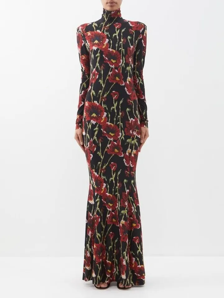 Turtle Poppy-print Jersey Fishtail Maxi Dress