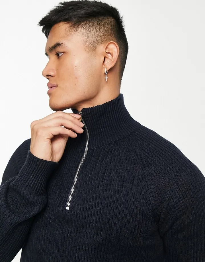 Jack & Jones Originals ribbed half zip sweater in navy