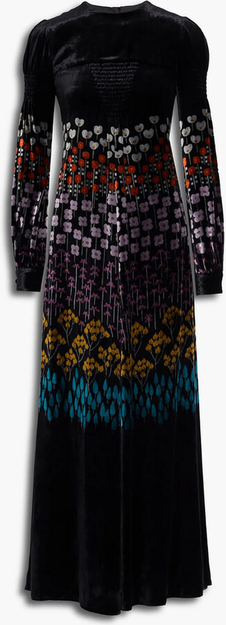Smocked floral-print velvet maxi dress