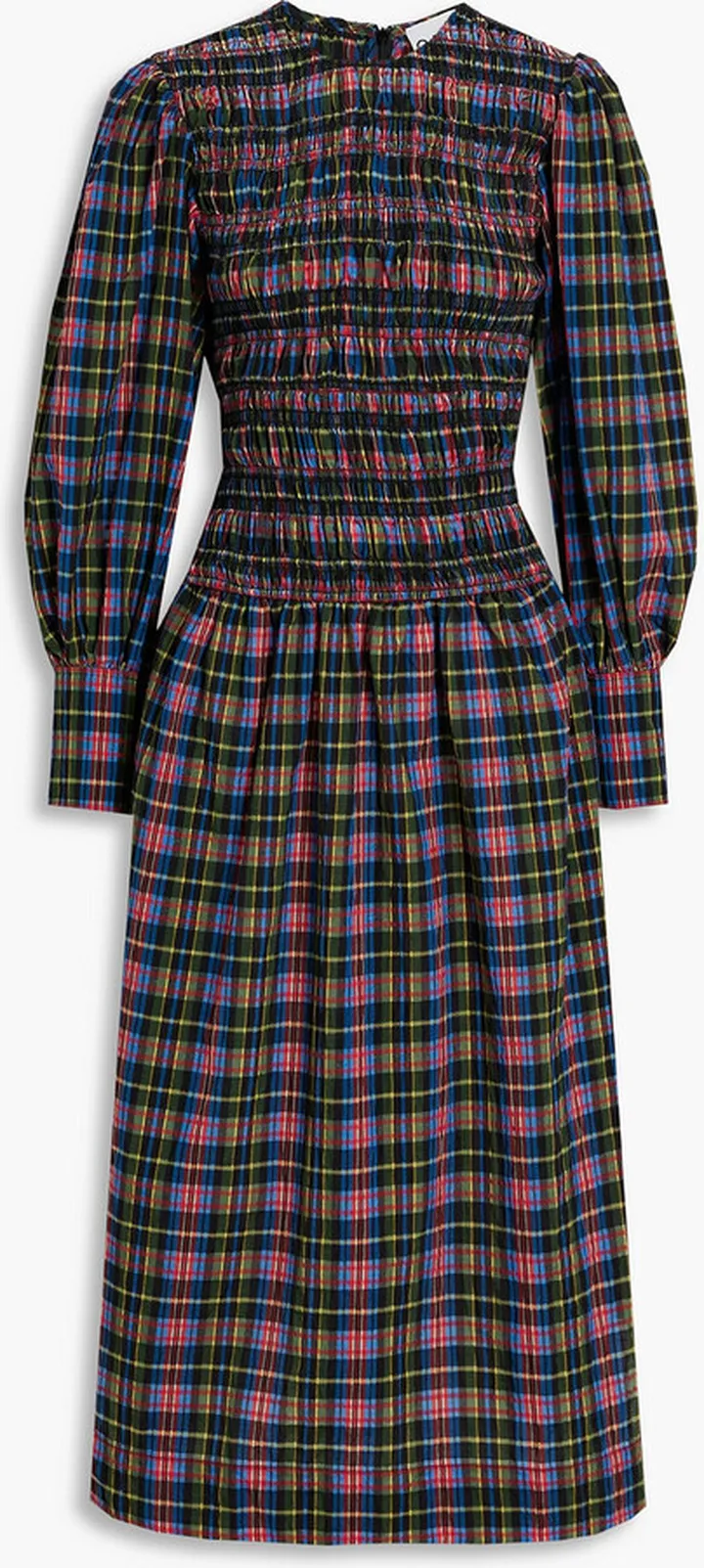 Shirred checked cotton-blend seersucker midi dress