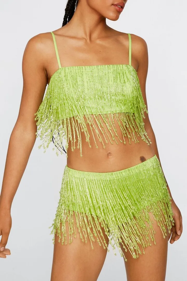 Nasty Gal Womens Sequin Tassel Bralette and Panties Two Piece Set