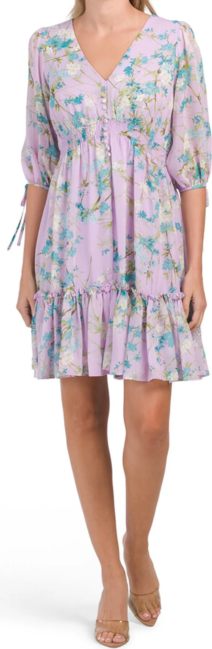 Three-quarter Sleeve Floral Mini Dress