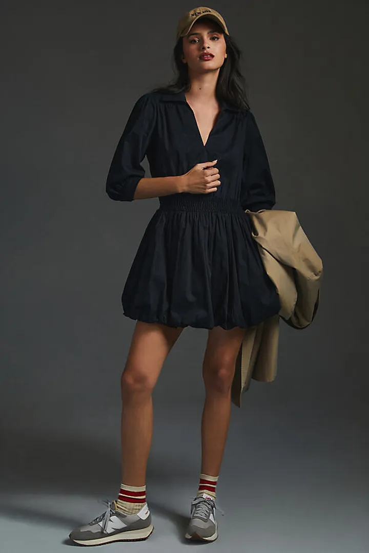 Porridge Long-Sleeve V-Neck Bubble-Hem Mini Dress Black