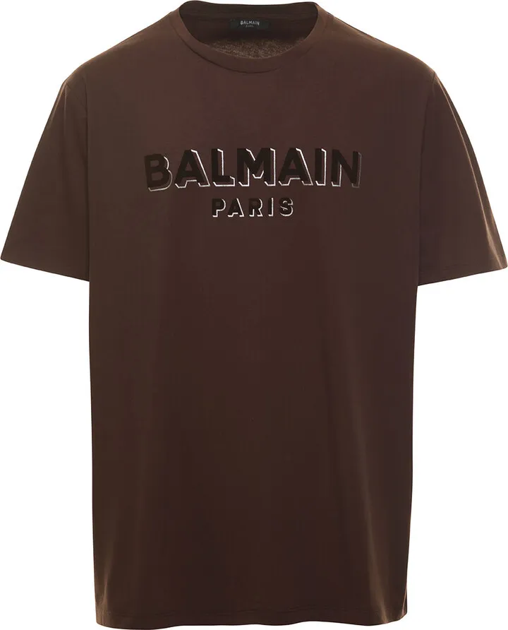 Brown Crewneck T-shirt With Front Logo Print In Cotton Man