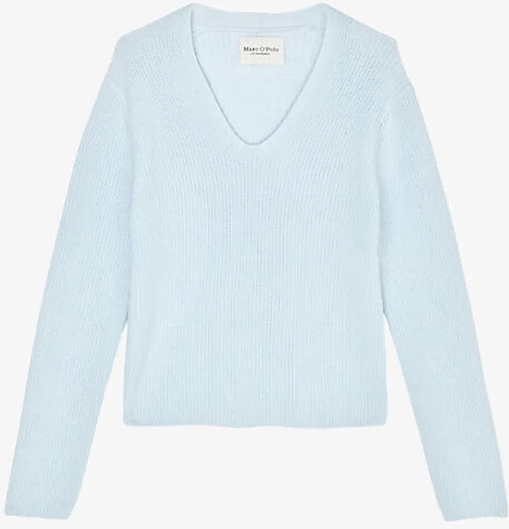 Womens Blue Ribbed V-neck Organic-cotton Jumper