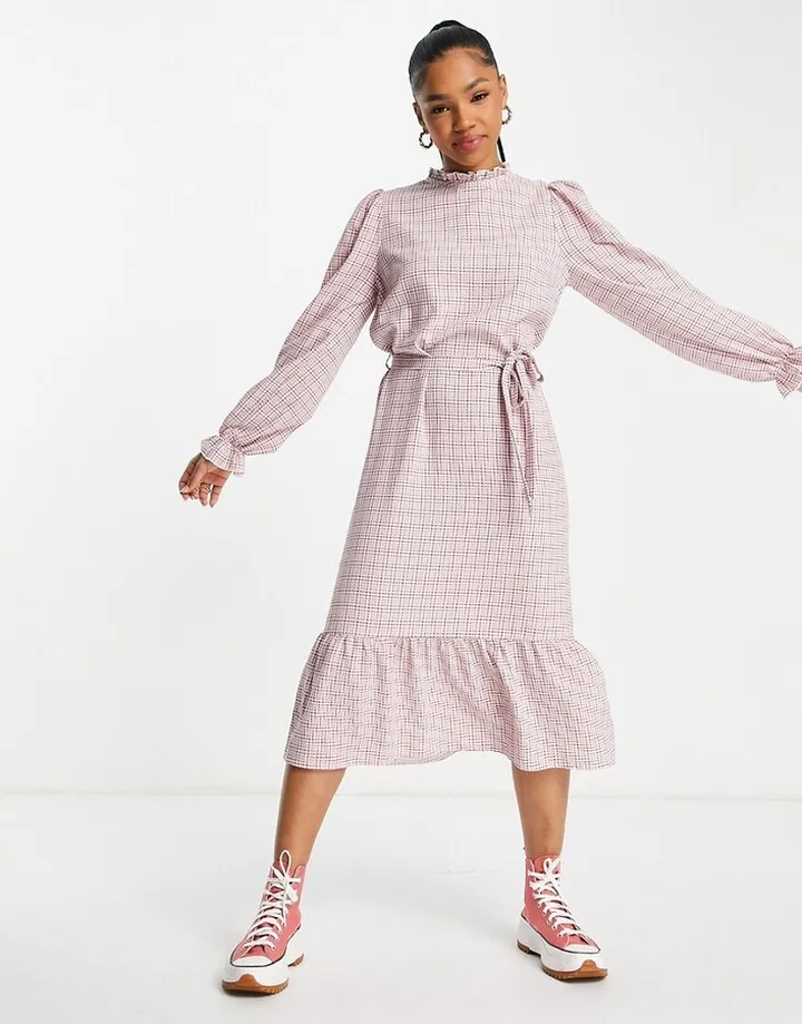 Miss Selfridge textured gingham belted midi dress in pink