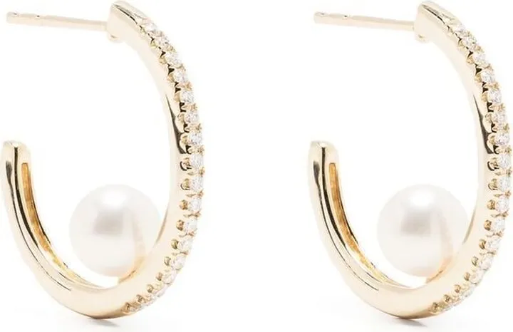 14kt Yellow Gold Diamond Pearl Hoop Earrings