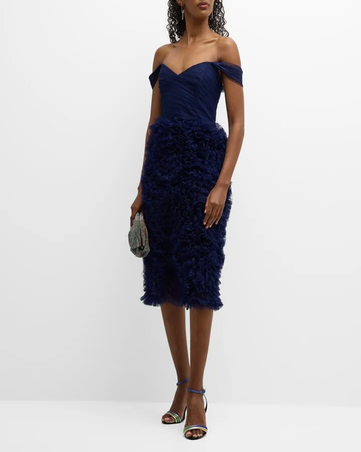 Sleeveless Ruffle Polka-Dot Tulle Midi Dress