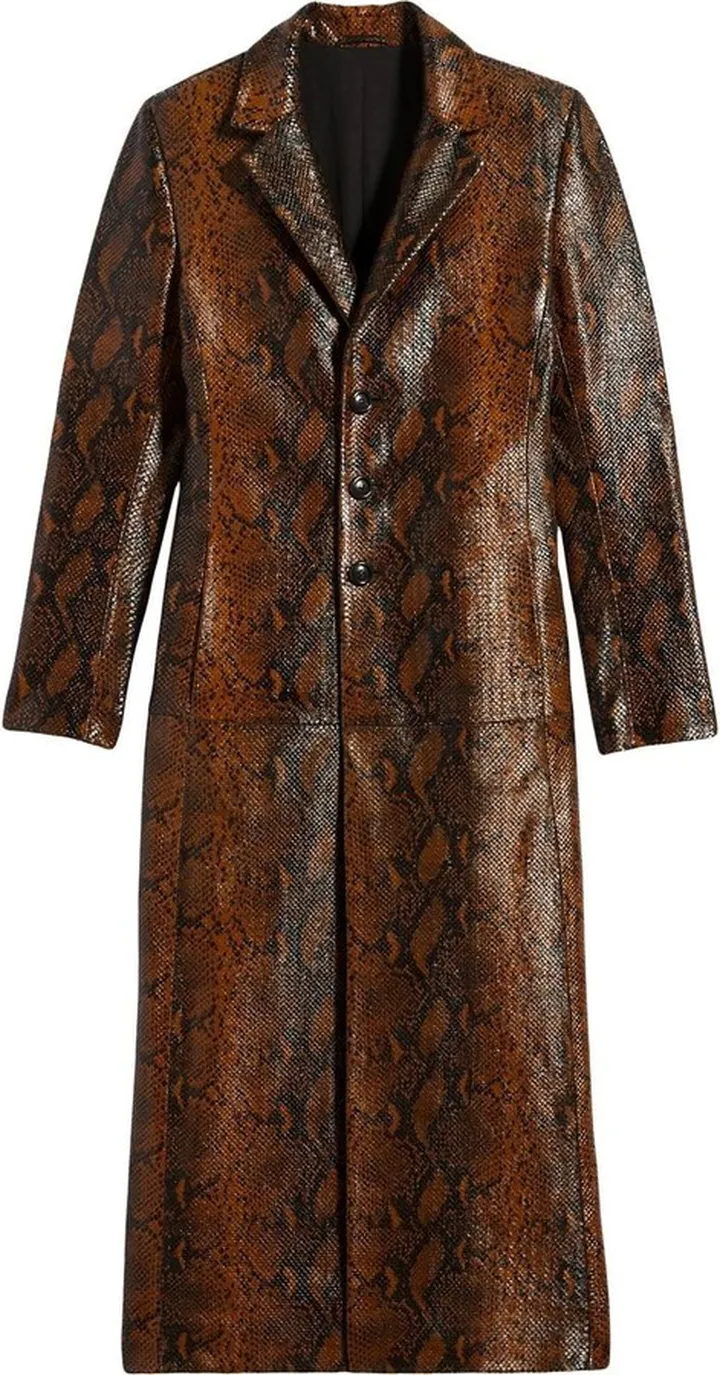 Snakeskin-Effect Long Leather Coat