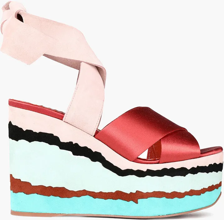 Suede and satin wedge sandals