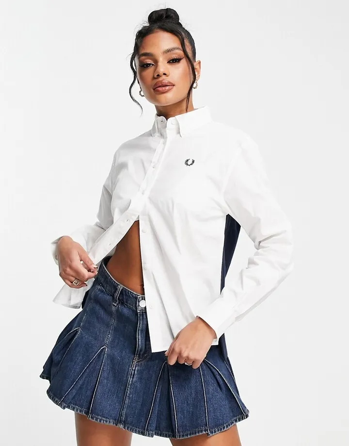 Fred Perry knitted panel shirt in white and navy
