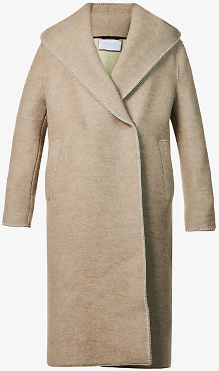 Womens Sand Double-breasted Dropped-shoulder Relaxed-fit Wool Coat