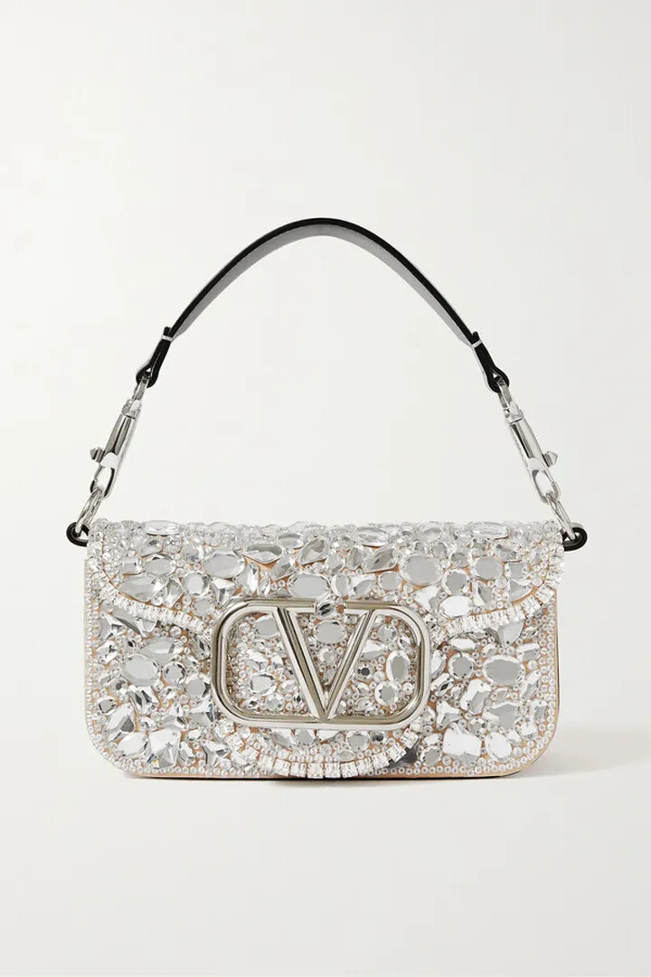 Valentino Garavani - Valentino Garavani Locò Vlogo Small Embellished Silk-twill And Leather Shoulder Bag - Silver